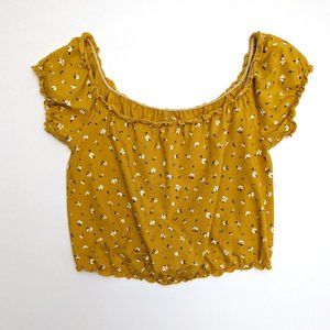 Arizona Mustard Yellow Floral Cropped Shirt Top Cap Sleeves Size Women's Medium